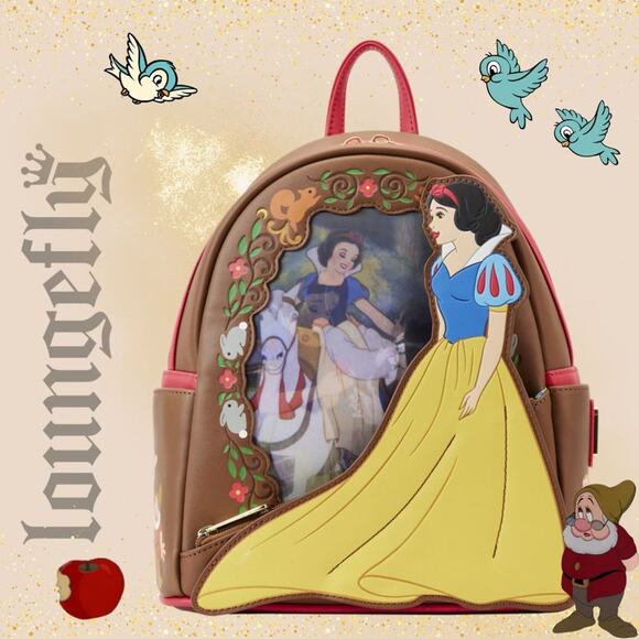 【Lounge Fly】 White Lenticular Princess Series Backpack Loungefly Disney Snow White Princess Series Lenticular Mini